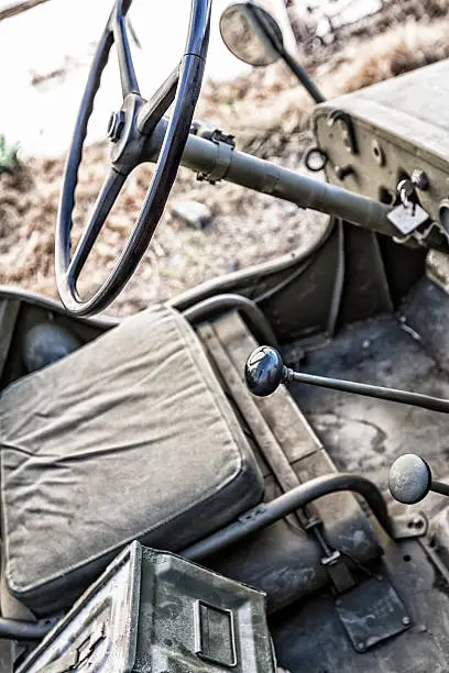 Close-up of the spartan interior of an authentic World War II era US Army Willys  military vehicle.