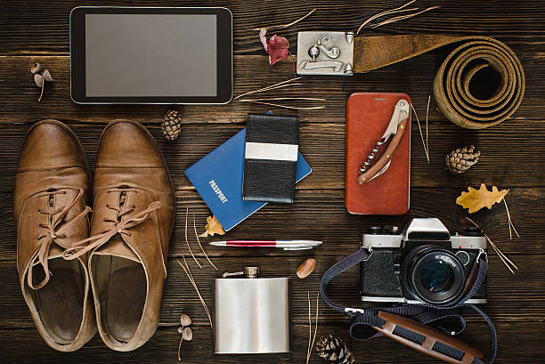 istock Things for travel on wooden table 492070148
