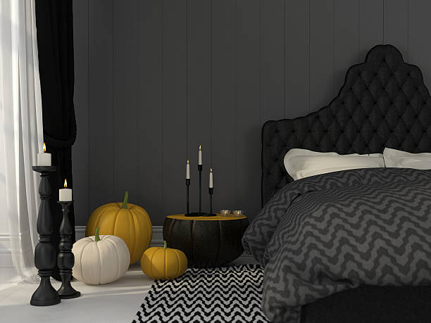 istock Black bedroom decorated for Halloween 492070458