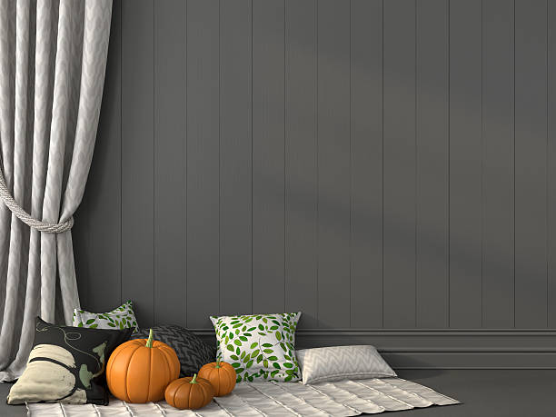 istock Pillows with print against the gray wall and curtain 492070966