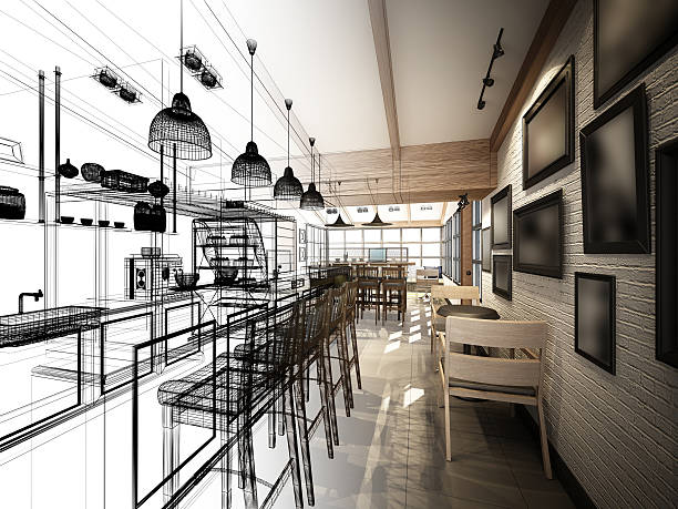 istock sketch design of coffee shop ,3dwire frame render 492073842