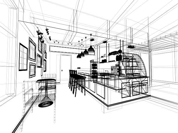istock sketch design of coffee shop ,3dwire frame render 492073932