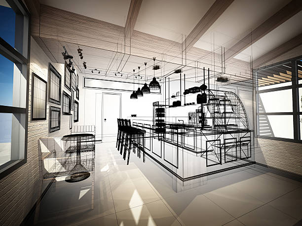 istock sketch design of coffee shop ,3dwire frame render 492074200