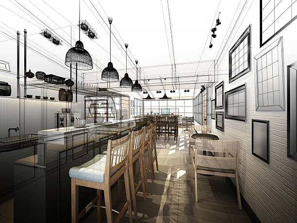 istock sketch design of coffee shop ,3dwire frame render 492074464