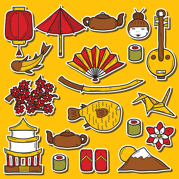 Set of Japan stickers Set of Japan stickers in hand drawn style. Asia travel concept japan restaurant bill stock illustrations