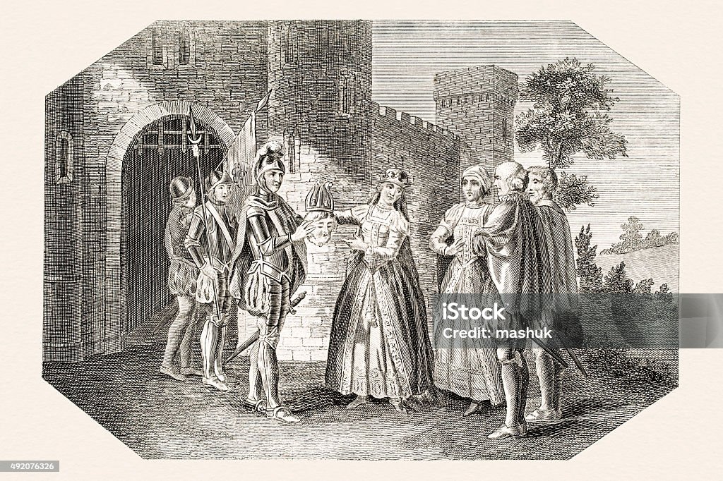 Queen Margaret placing a paper crown on the head Queen Margaret placing a paper crown on the head of the Duke of York. Photo of an original antique engraving published in 1804. Queen - Royal Person stock illustration