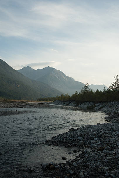 lech river in der dämmerung - lechtaler alps stock-fotos und bilder