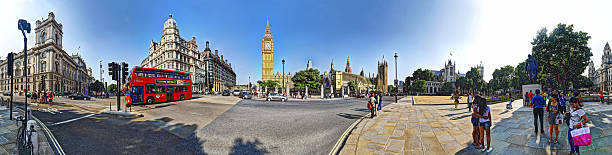 Panorama in Parliament Square London, United Kingdom - July 20th, 2013: HDR 360 degree panorama in Parliament Square opposite the Houses of Parliament with a group of people to the right near the statue of Winston Churchill and a bus on the left.  high dynamic range imaging photos stock pictures, royalty-free photos & images