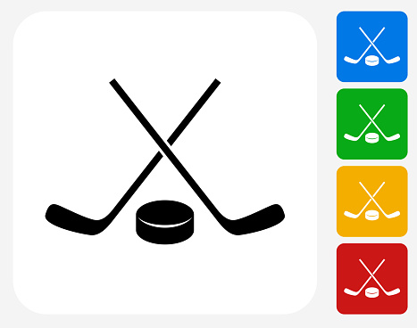 Hockey Stick and Puck Icon. This 100% royalty free vector illustration features the main icon pictured in black inside a white square. The alternative color options in blue, green, yellow and red are on the right of the icon and are arranged in a vertical column.