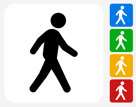 Walking Icon. This 100% royalty free vector illustration features the main icon pictured in black inside a white square. The alternative color options in blue, green, yellow and red are on the right of the icon and are arranged in a vertical column.