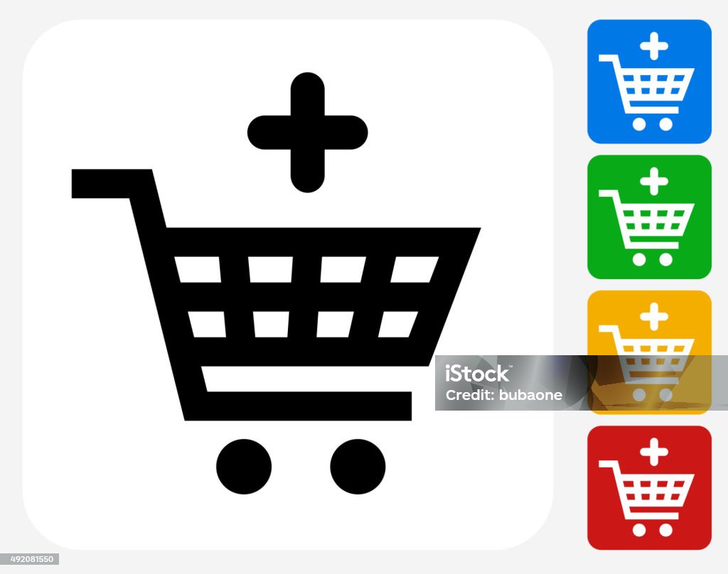 Add to Shopping Cart Icon Flat Graphic Design Add to Shopping Cart Icon. This 100% royalty free vector illustration features the main icon pictured in black inside a white square. The alternative color options in blue, green, yellow and red are on the right of the icon and are arranged in a vertical column. 2015 stock vector