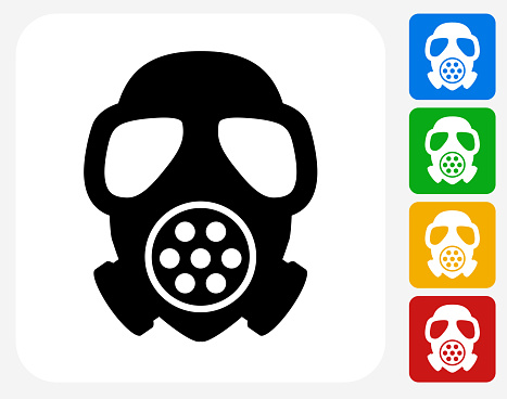 Gas Mask Icon. This 100% royalty free vector illustration features the main icon pictured in black inside a white square. The alternative color options in blue, green, yellow and red are on the right of the icon and are arranged in a vertical column.