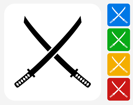 Katana Swords Icon. This 100% royalty free vector illustration features the main icon pictured in black inside a white square. The alternative color options in blue, green, yellow and red are on the right of the icon and are arranged in a vertical column.