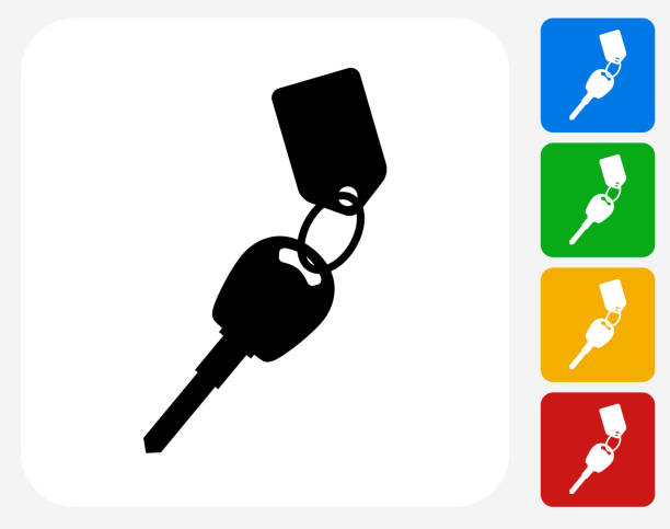 Keys with Keychain Icon Flat Graphic Design Keys with Keychain Icon. This 100% royalty free vector illustration features the main icon pictured in black inside a white square. The alternative color options in blue, green, yellow and red are on the right of the icon and are arranged in a vertical column. car key illustrations stock illustrations