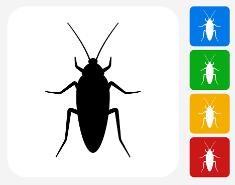 Cockroach Icon. This 100% royalty free vector illustration features the main icon pictured in black inside a white square. The alternative color options in blue, green, yellow and red are on the right of the icon and are arranged in a vertical column.