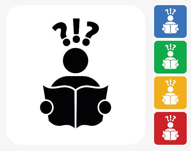 Questions and Reading Icon Flat Graphic Design Questions and Reading Icon. This 100% royalty free vector illustration features the main icon pictured in black inside a white square. The alternative color options in blue, green, yellow and red are on the right of the icon and are arranged in a vertical column. illiteracy stock illustrations