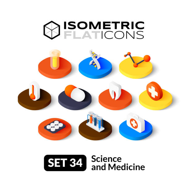 isometric flache icons set 34 - reagenzgläser bunt stock-grafiken, -clipart, -cartoons und -symbole