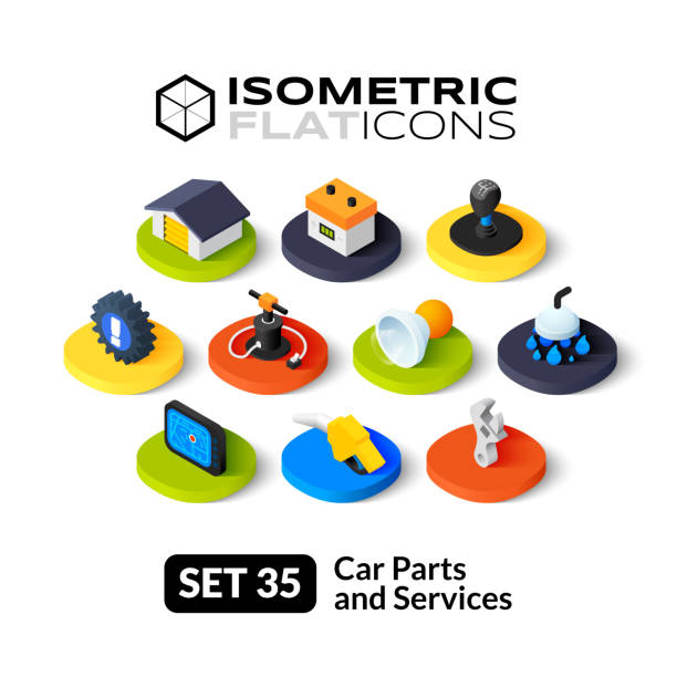 изометрические плоский иконки набор 35 - car battery car battery auto repair shop stock illustrations