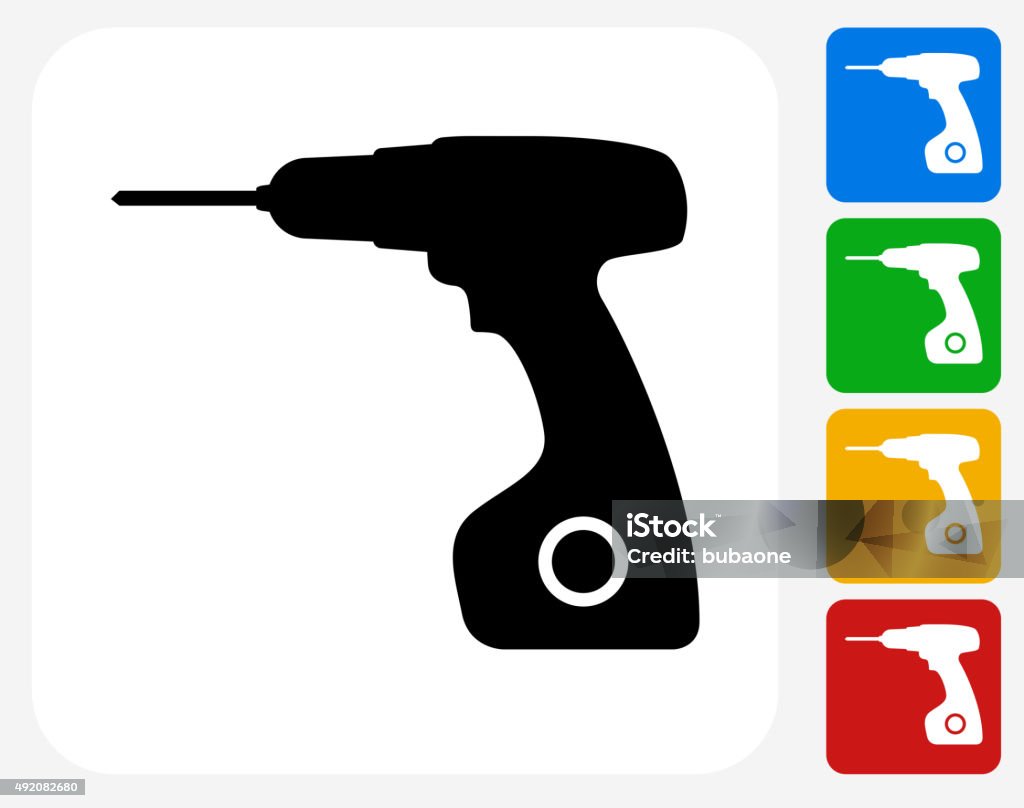 Drill Icon Flat Graphic Design Drill Icon. This 100% royalty free vector illustration features the main icon pictured in black inside a white square. The alternative color options in blue, green, yellow and red are on the right of the icon and are arranged in a vertical column. Electrician stock vector