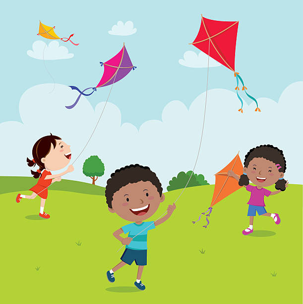 Kids playing kites Vector illustration of children flying kites on the meadow. sky kite stock illustrations
