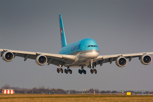Prague, Czech Republic - March 14, 2014: A380 Korean Air landing to  PRG Airport 