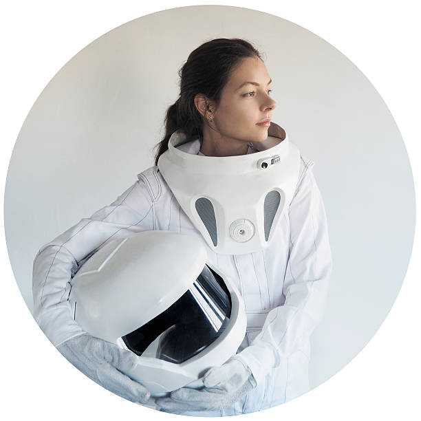 futuristic astronaut without  helmet,  white background in a circular frame