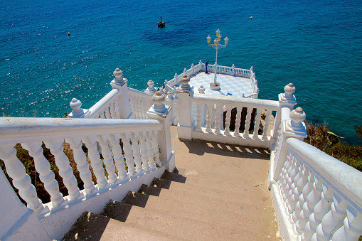 View from Balcon del Mediterraneo, in Benidorm Spain.  Steps lead down to the Castle Viewpoint, situated ontop of a rock separating the two beaches of Benidorm