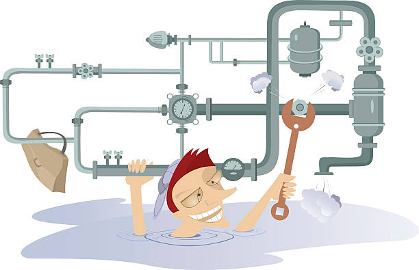Breakdown Comic mechanic hardly tightens the bolt and repairs pipe construction natural gas pipeline clip art stock illustrations