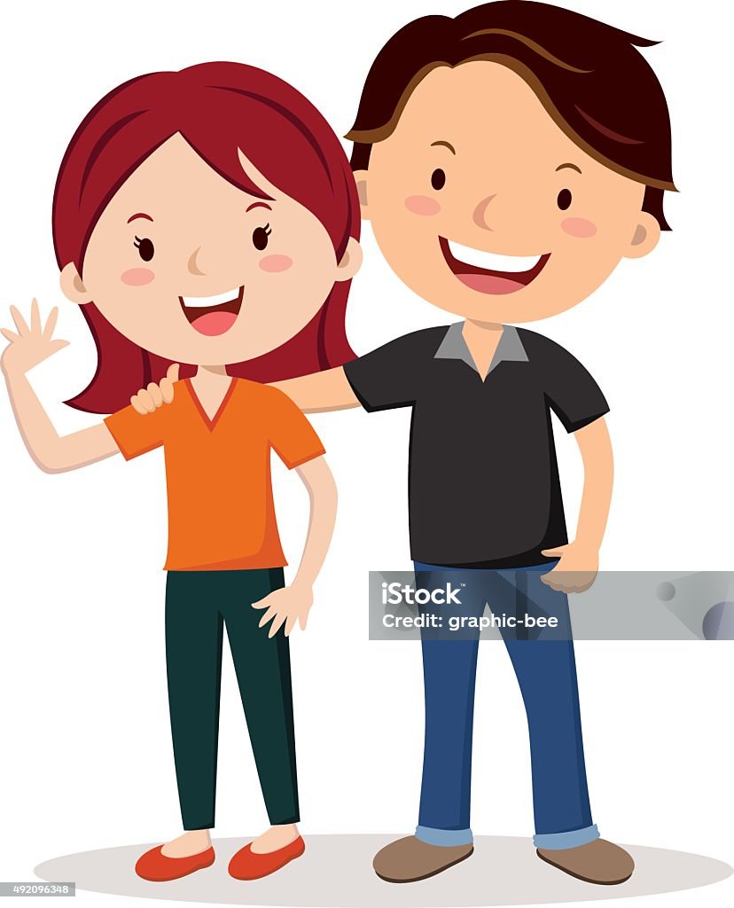 Young happy couple Young parent or couple gesturing with blissful smile. 2015 stock vector