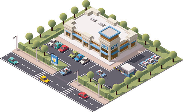 Vector isometric police department Vector isometric police department building icon police station stock illustrations