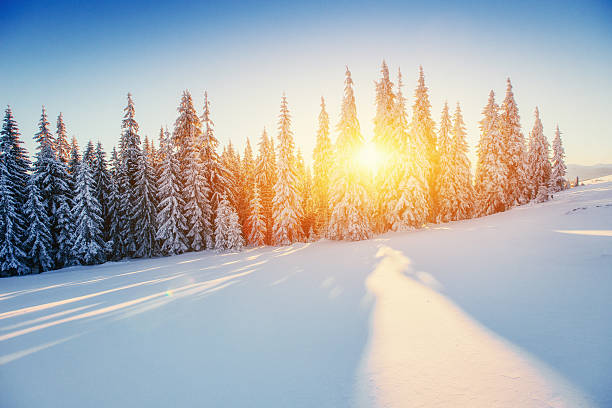 herrliche winterlandschaft in den bergen - winter sunrise mountain snow stock-fotos und bilder