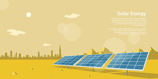 solar energy picture of solar batteries in a desert with mountains and big city silhouette on background, flat style concept of renewable solar energy solar panel stock illustrations