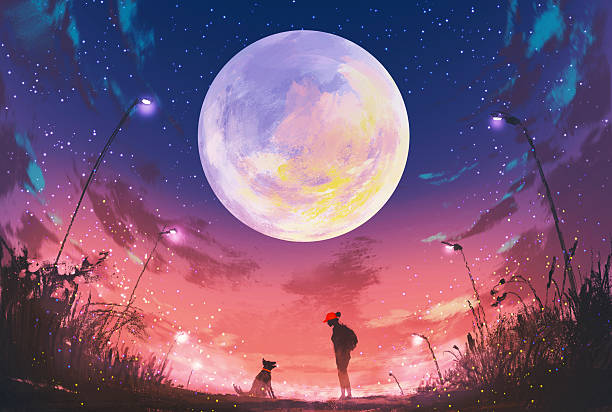 girl with dog at beautiful night with huge moon above young woman with dog at beautiful night with huge moon above,illustration painting cute entertainment stock illustrations