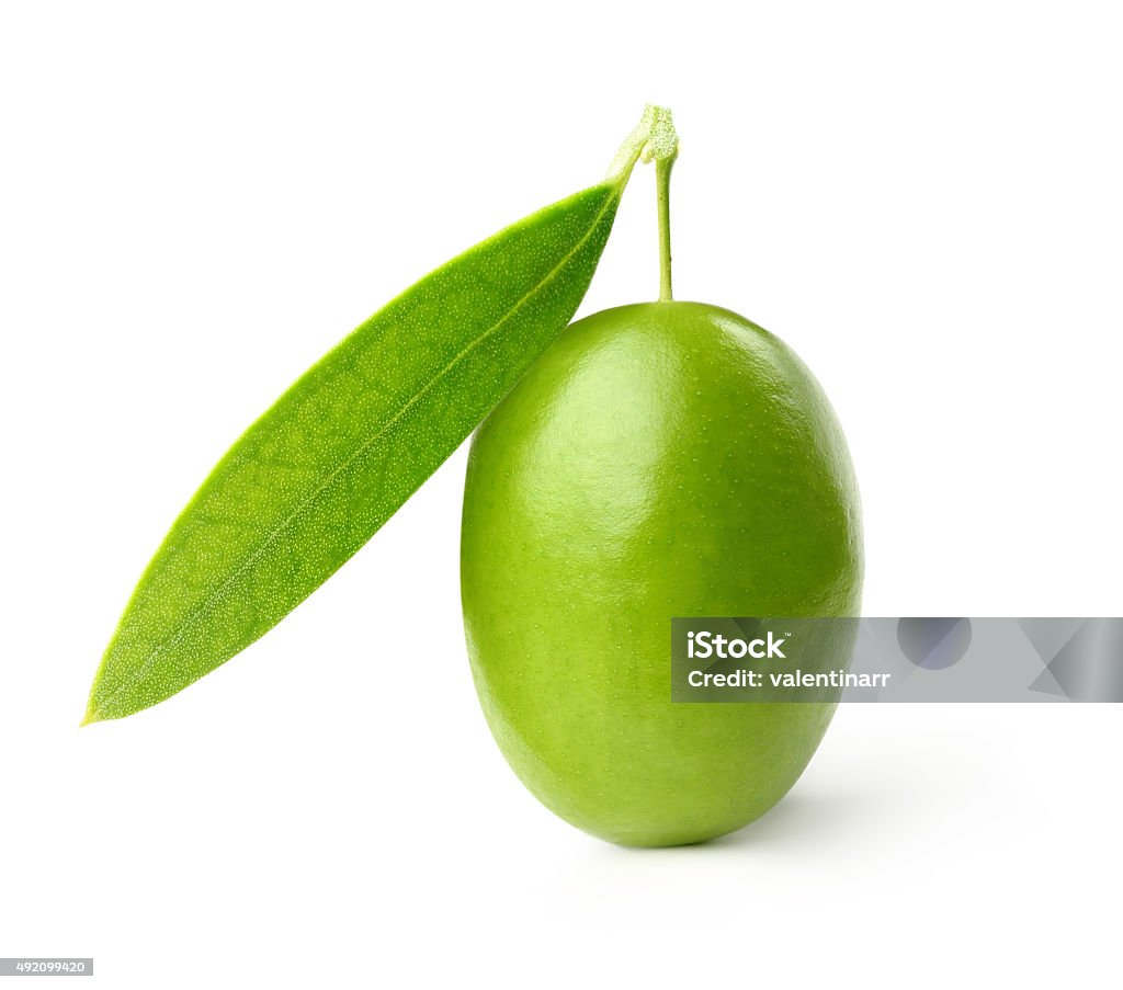 Green olives with leaves Green olive with leaves isolated on white Olive - Fruit Stock Photo