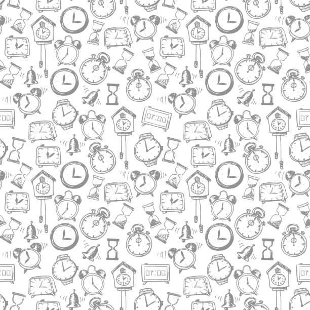 Seamless background with doodle sketch watches Seamless background with doodle sketch watches and other time symbols. Hand-drawn illustration. clock designs stock illustrations
