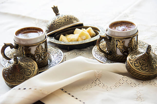 Turkish coffee with delight and traditional copper serving set stock photo