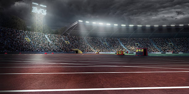 オリンピック競技場、ランニングトラック - sports track track and field stadium sport night ストックフォトと画像