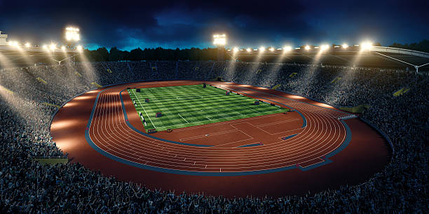 . stadium with running tracks On the foreground you can see professional crowd and running tracks of a sport championship stadium. A long-range shot of a stadium field, floodlights and seating.  In the background are diffuse out-of-focus stadium seats with full bleachers. The whole image is made in 3D. image created 21st century blue architecture wide angle lens stock pictures, royalty-free photos & images