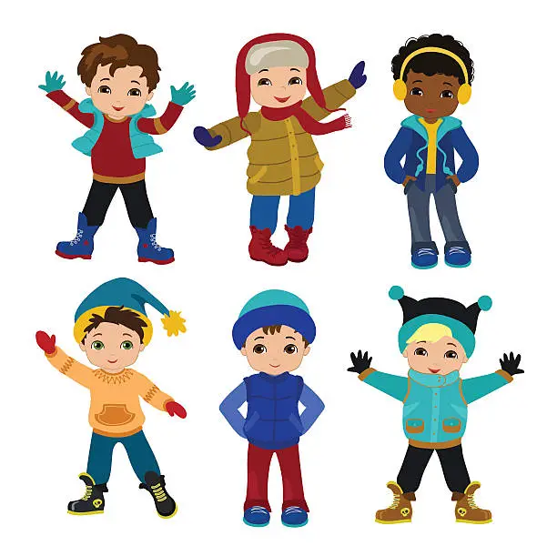 Vector illustration of Set of characters funny boys in winter.