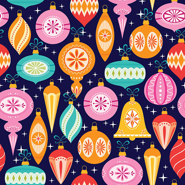 Bright Christmas pattern with multicolored ornaments on dark blue background.