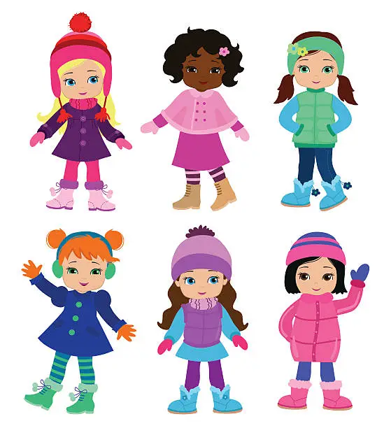 Vector illustration of Set of characters funny girls in winter on white background