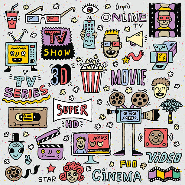 TV Shows, Series and Movies Funny Doodle Vector set. TV Shows, Series and Movies Funny Doodle Vector set. Hand drawn illustration. Colorful pattern. part of a series stock illustrations