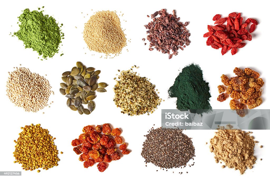 Superfoods Various superfoods isolated on white background Antioxidant Stock Photo
