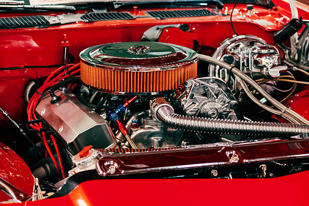 View at the Costumized V8 Engine of a muscle car.