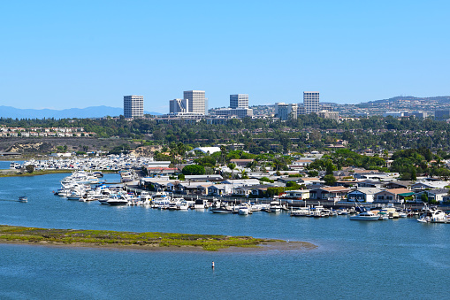 A view of the Newport Coast skyline and Back Bay from Castaways Park. Newport is a beach community in Southern California.