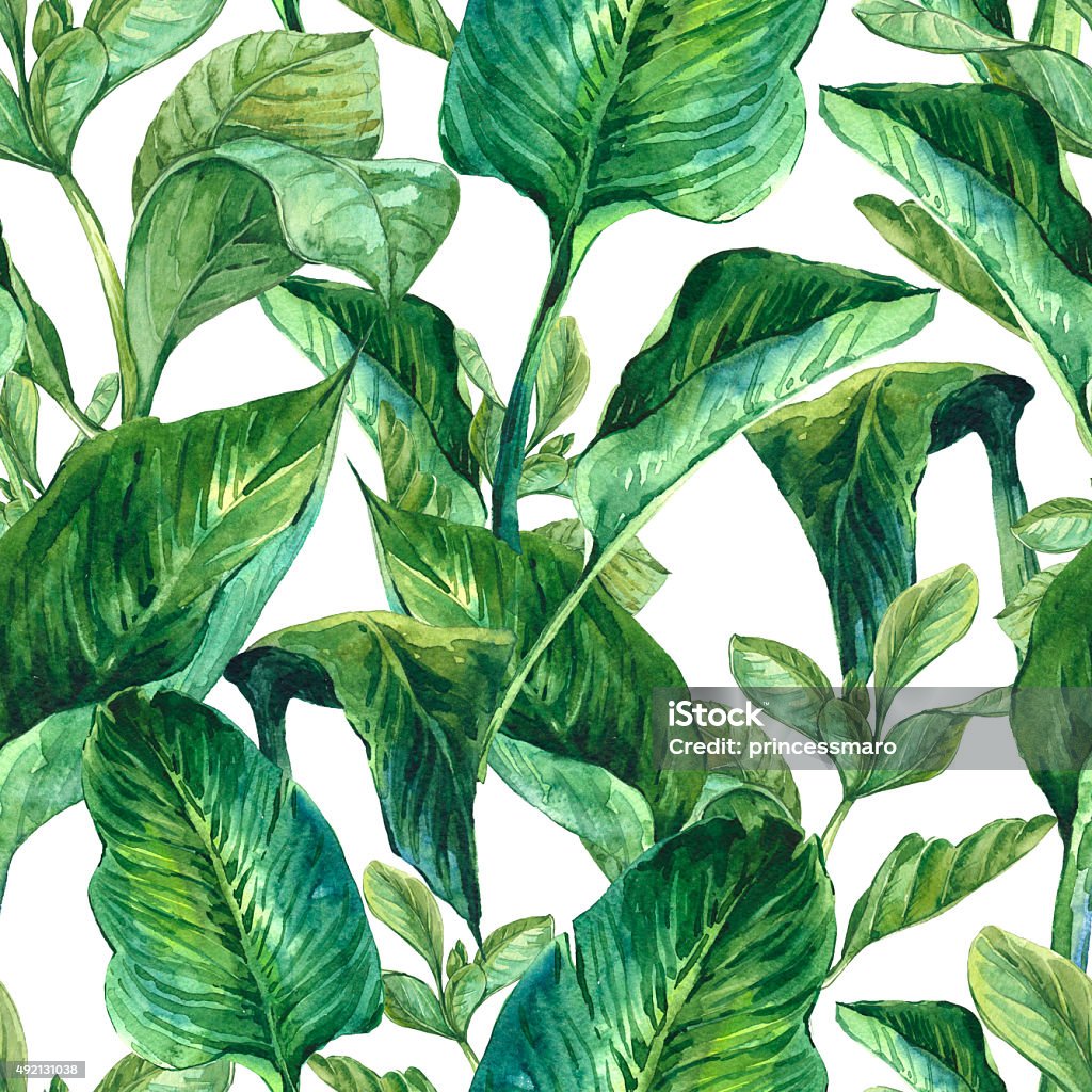 Watercolor Seamless Background with Tropical Leaves Watercolor Seamless Exotic Background with Tropical Leaves, Botanical illustration Flower stock illustration