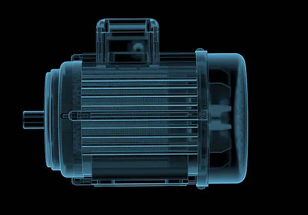 Electric motor with internals x-ray blue transparent isolated on black