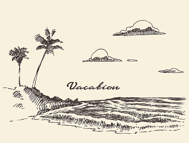 ilustrações, clipart, desenhos animados e ícones de desenho à mão desenho em cartaz de férias de praia à beira-mar - illustration and painting beach engraved image engraving