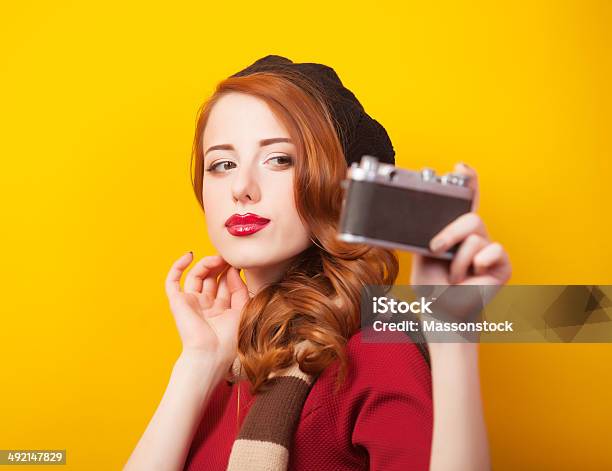 Redhead Girl With Retro Camera Stock Photo - Download Image Now - Adult, Adults Only, Beautiful People
