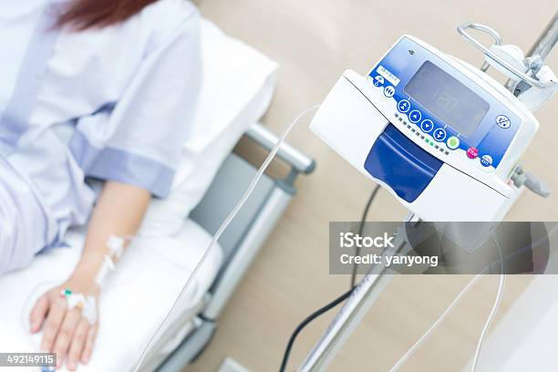 Iv Solution In A Patient Hand And Ivs Machine Stock Photo - Download Image Now - Chemotherapy Drug, Anesthetic, Infused